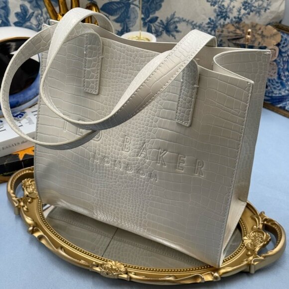 🆕 TED BAKER 🧿 NWOT REPTCON White Croc-Embossed Small Icon Tote Bag - Picture 9 of 15